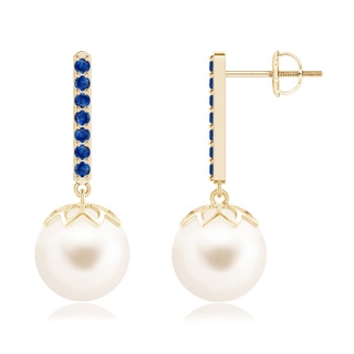 10mm AAA Freshwater Pearl and Sapphire Bar Drop Earrings in Yellow Gold