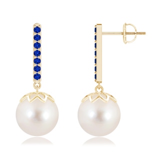 10mm AAAA Freshwater Pearl and Sapphire Bar Drop Earrings in Yellow Gold