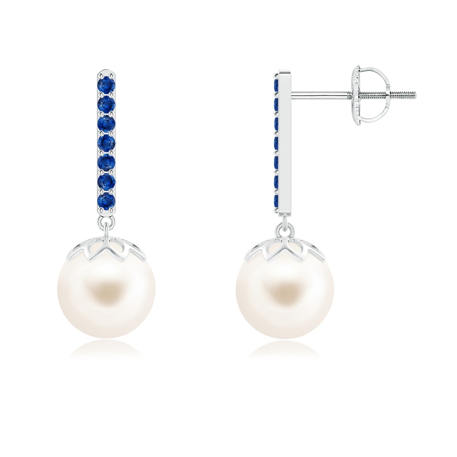 8mm AAA Freshwater Pearl and Sapphire Bar Drop Earrings in 10K White Gold 