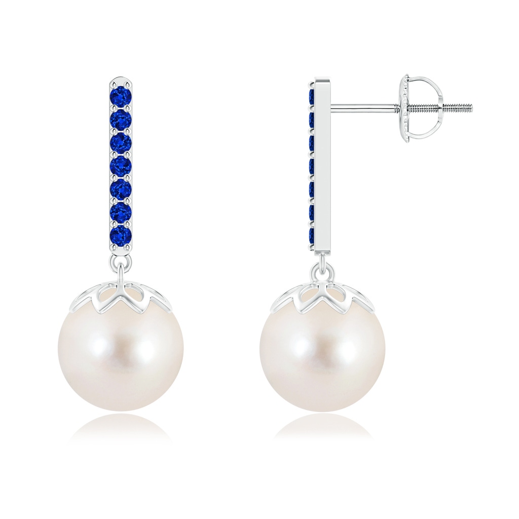 9mm AAAA Freshwater Pearl and Sapphire Bar Drop Earrings in White Gold