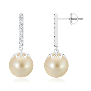10mm AAA Golden South Sea Cultured Pearl and Diamond Bar Drop Earrings in White Gold