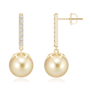 10mm AAAA Golden South Sea Cultured Pearl and Diamond Bar Drop Earrings in Yellow Gold