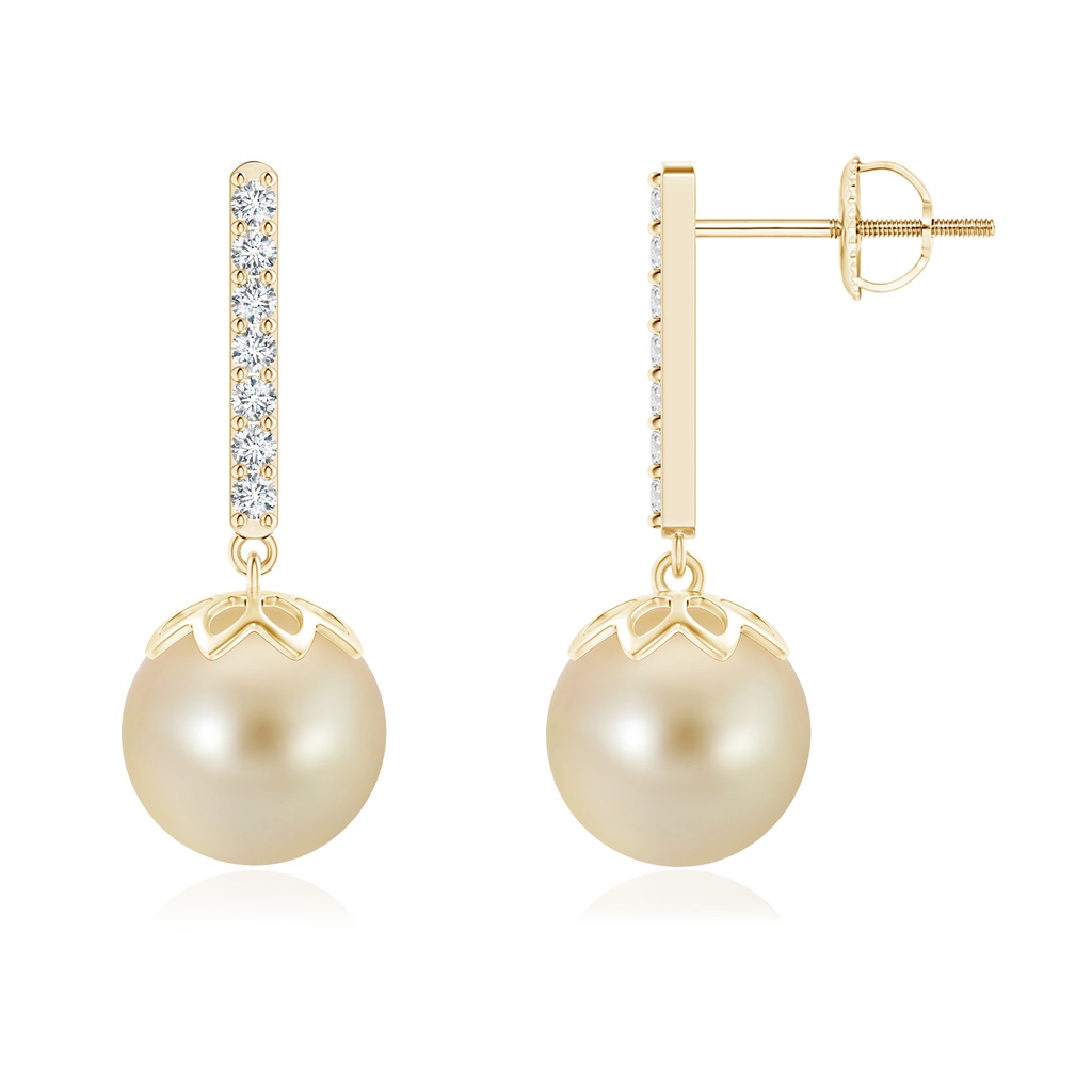 9mm AAA Golden South Sea Cultured Pearl and Diamond Bar Drop Earrings in Yellow Gold