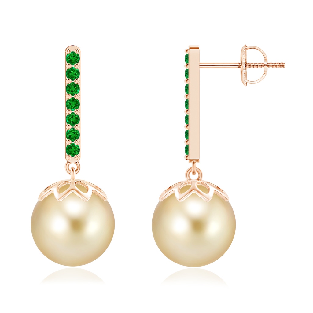 10mm AAAA Golden South Sea Cultured Pearl and Emerald Bar Drop Earrings in Rose Gold