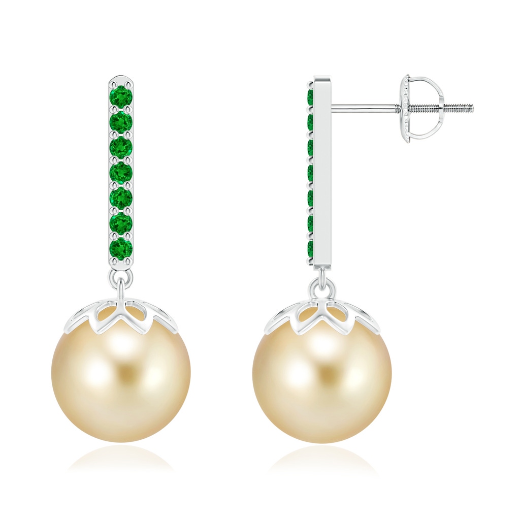 10mm AAAA Golden South Sea Cultured Pearl and Emerald Bar Drop Earrings in White Gold
