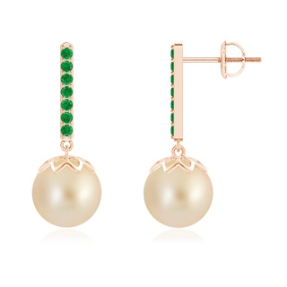 9mm AA Golden South Sea Cultured Pearl and Emerald Bar Drop Earrings in Rose Gold