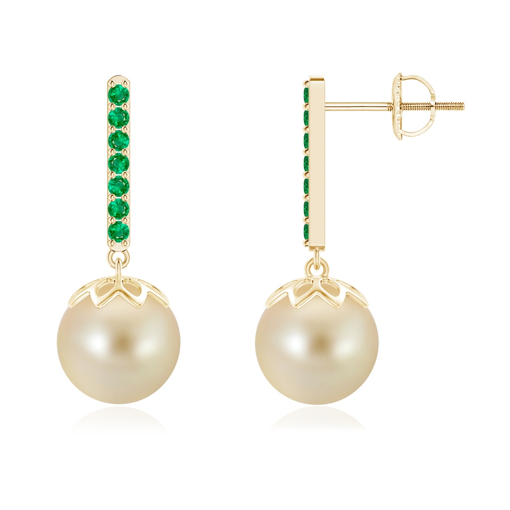9mm AAA Golden South Sea Cultured Pearl and Emerald Bar Drop Earrings in Yellow Gold