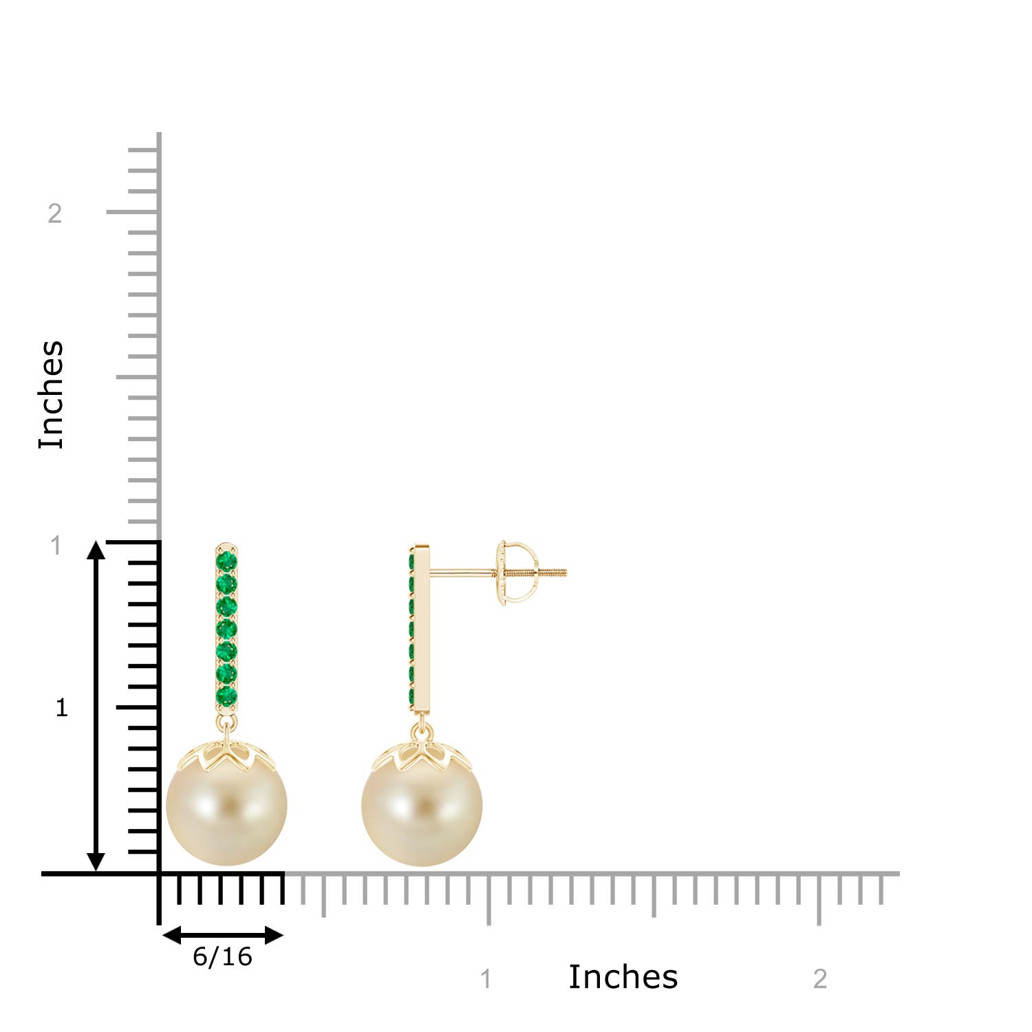 9mm AAA Golden South Sea Cultured Pearl and Emerald Bar Drop Earrings in Yellow Gold - ruler