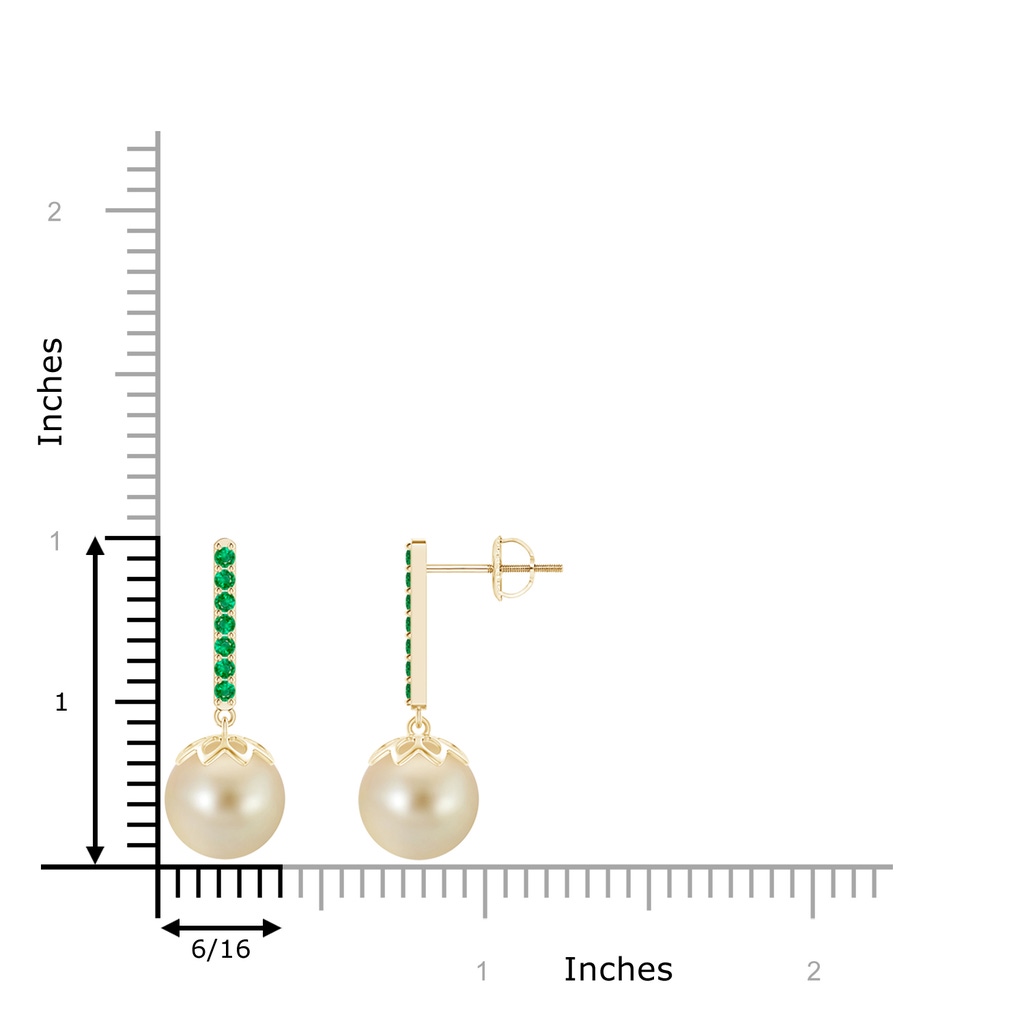 9mm AAA Golden South Sea Cultured Pearl and Emerald Bar Drop Earrings in Yellow Gold Product Image