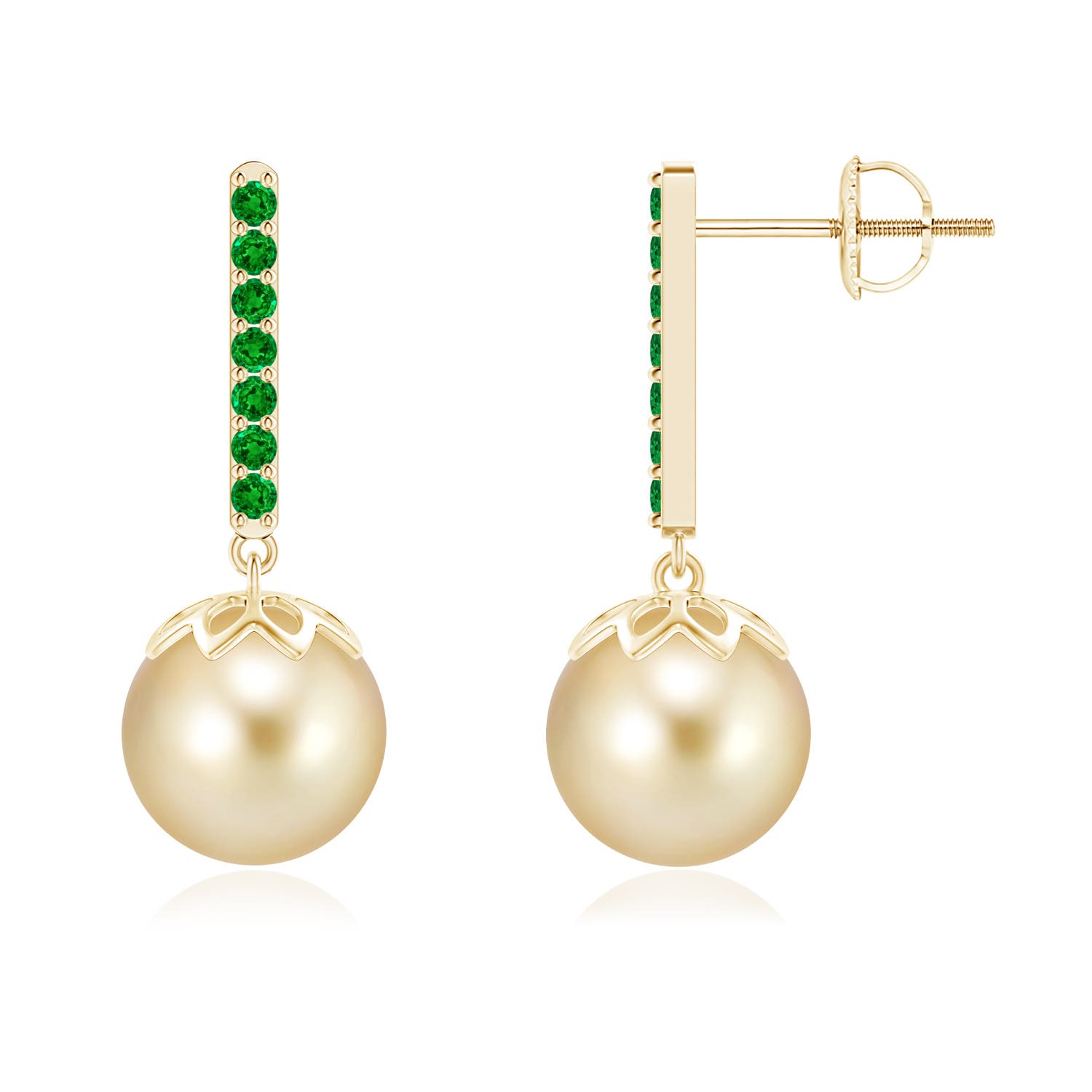 9mm AAAA Golden South Sea Cultured Pearl and Emerald Bar Drop Earrings in Yellow Gold