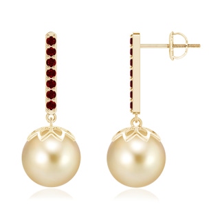 10mm AAAA Golden South Sea Cultured Pearl and Ruby Bar Drop Earrings in Yellow Gold