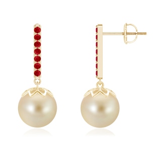 9mm AAA Golden South Sea Cultured Pearl and Ruby Bar Drop Earrings in Yellow Gold