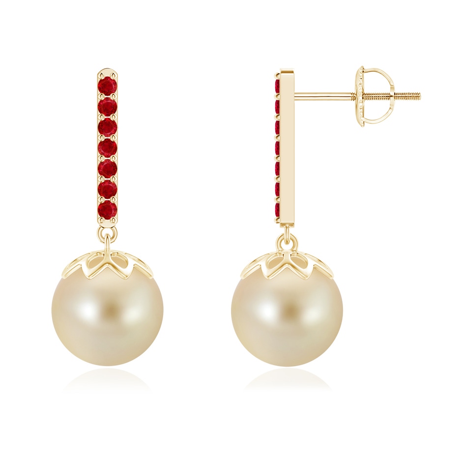 9mm AAA Golden South Sea Cultured Pearl and Ruby Bar Drop Earrings in Yellow Gold 