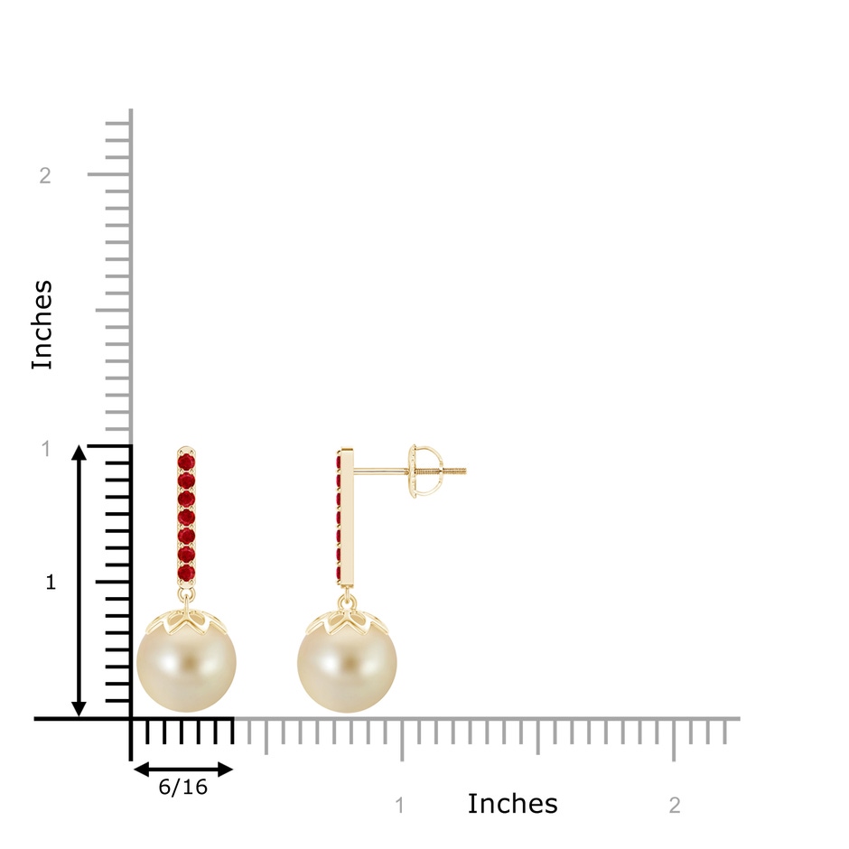 9mm AAA Golden South Sea Cultured Pearl and Ruby Bar Drop Earrings in Yellow Gold Product Image