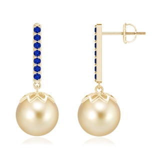 10mm AAAA Golden South Sea Cultured Pearl and Blue Sapphire Bar Drop Earrings in Yellow Gold
