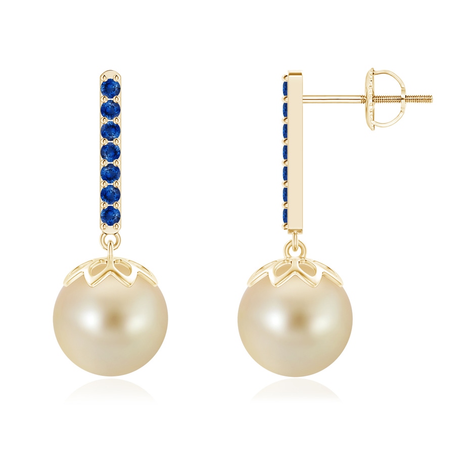 9mm AAA Golden South Sea Cultured Pearl and Blue Sapphire Bar Drop Earrings in Yellow Gold 