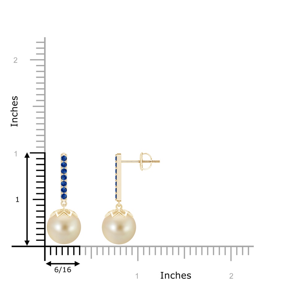 9mm AAA Golden South Sea Cultured Pearl and Blue Sapphire Bar Drop Earrings in Yellow Gold Product Image