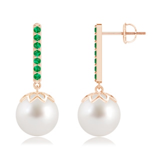 10mm AAA South Sea Cultured Pearl and Emerald Bar Drop Earrings in Rose Gold