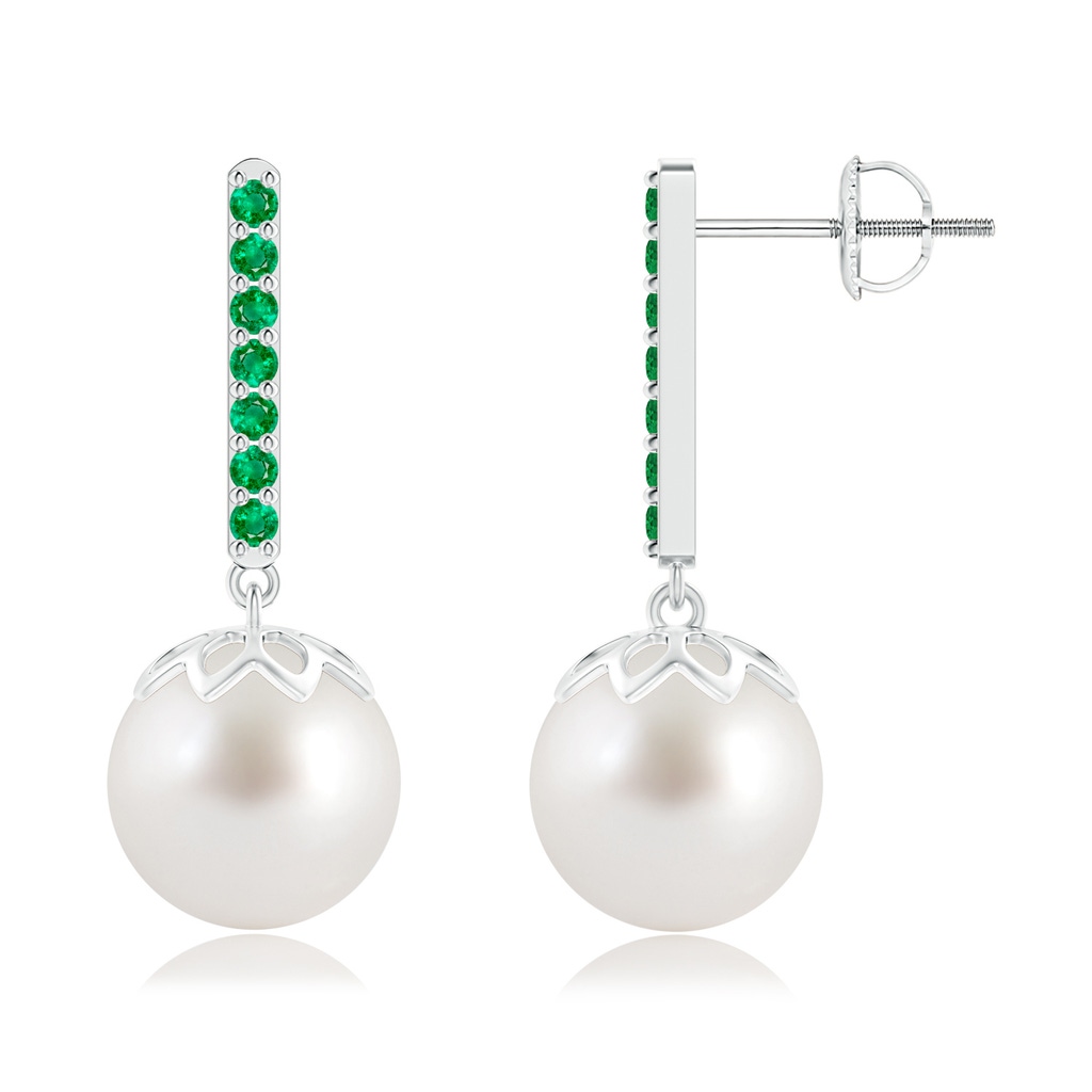 10mm AAA South Sea Cultured Pearl and Emerald Bar Drop Earrings in White Gold