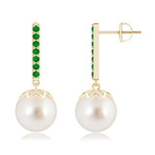 10mm AAAA South Sea Cultured Pearl and Emerald Bar Drop Earrings in Yellow Gold