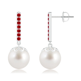 10mm AAA South Sea Cultured Pearl and Ruby Bar Drop Earrings in White Gold