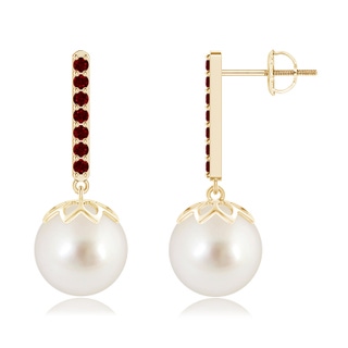 10mm AAAA South Sea Cultured Pearl and Ruby Bar Drop Earrings in Yellow Gold