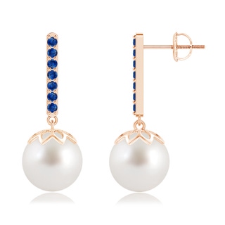 10mm AAA South Sea Cultured Pearl and Blue Sapphire Bar Drop Earrings in Rose Gold