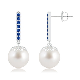 10mm AAA South Sea Cultured Pearl and Blue Sapphire Bar Drop Earrings in White Gold