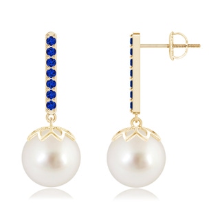 10mm AAAA South Sea Cultured Pearl and Blue Sapphire Bar Drop Earrings in Yellow Gold