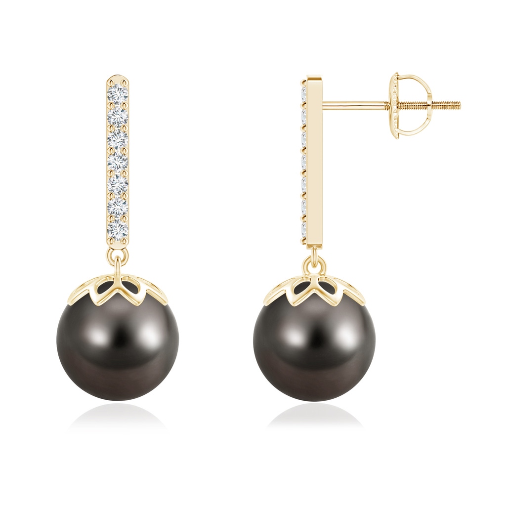 9mm AAA Tahitian Cultured Pearl and Diamond Bar Drop Earrings in Yellow Gold 