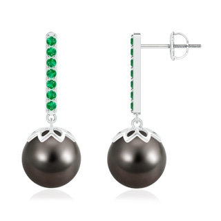 10mm AAA Tahitian Cultured Pearl and Emerald Bar Drop Earrings in White Gold