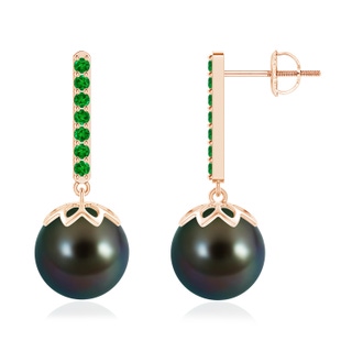 10mm AAAA Tahitian Cultured Pearl and Emerald Bar Drop Earrings in Rose Gold