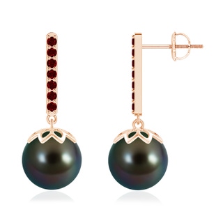 10mm AAAA Tahitian Cultured Pearl and Ruby Bar Drop Earrings in Rose Gold