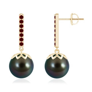 10mm AAAA Tahitian Cultured Pearl and Ruby Bar Drop Earrings in Yellow Gold