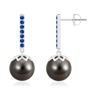 10mm AAA Tahitian Cultured Pearl and Blue Sapphire Bar Drop Earrings in White Gold