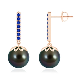 10mm AAAA Tahitian Cultured Pearl and Blue Sapphire Bar Drop Earrings in Rose Gold