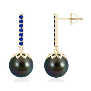 10mm AAAA Tahitian Cultured Pearl and Blue Sapphire Bar Drop Earrings in Yellow Gold