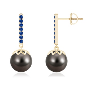 9mm AAA Tahitian Cultured Pearl and Blue Sapphire Bar Drop Earrings in Yellow Gold