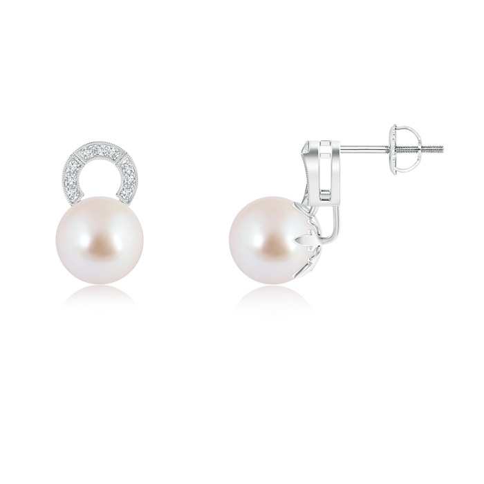 8mm AAA Akoya Cultured Pearl and Diamond Arc Stud Earrings in White Gold 