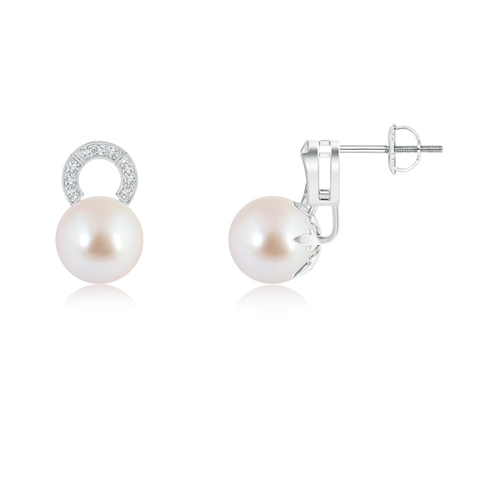 8mm AAA Akoya Cultured Pearl and Diamond Arc Stud Earrings in White Gold