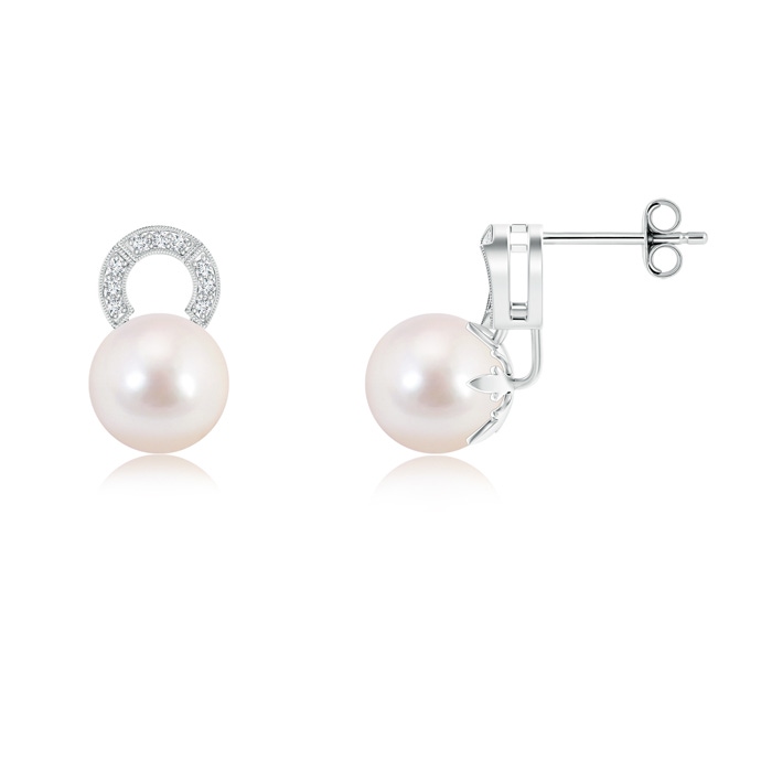 8mm AAAA Akoya Cultured Pearl and Diamond Arc Stud Earrings in S999 Silver