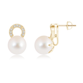 10mm AAA Freshwater Cultured Pearl and Diamond Arc Stud Earrings in Yellow Gold