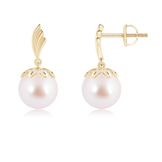 8mm AAA Akoya Cultured Pearl Dangle Earrings with Wing Motif in Yellow Gold