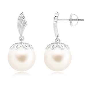 10mm AAA Freshwater Pearl Dangle Earrings with Wing Motif in White Gold