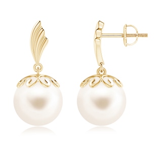 10mm AAA Freshwater Pearl Dangle Earrings with Wing Motif in Yellow Gold