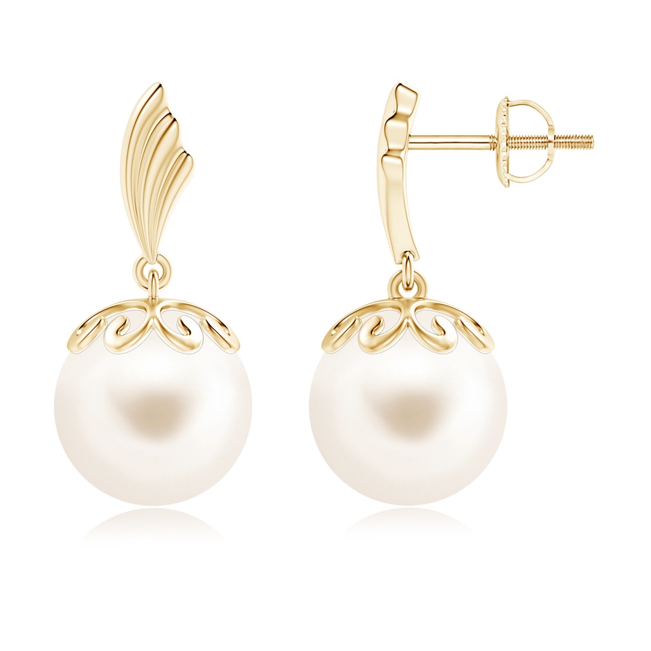 10mm AAA Freshwater Pearl Dangle Earrings with Wing Motif in Yellow Gold 