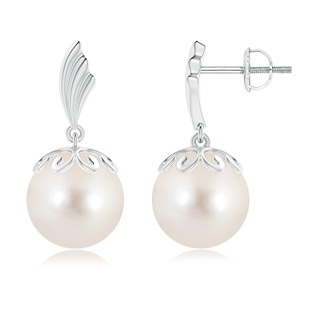 10mm AAAA Freshwater Pearl Dangle Earrings with Wing Motif in White Gold