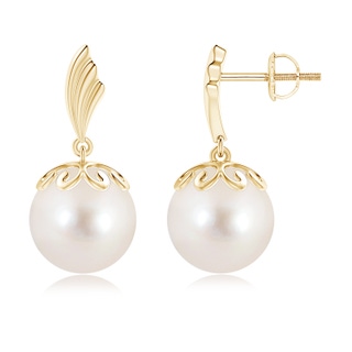 10mm AAAA Freshwater Pearl Dangle Earrings with Wing Motif in Yellow Gold