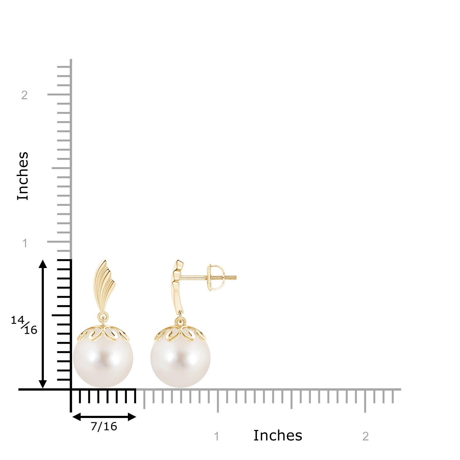 10mm AAAA Freshwater Pearl Dangle Earrings with Wing Motif in Yellow Gold - ruler