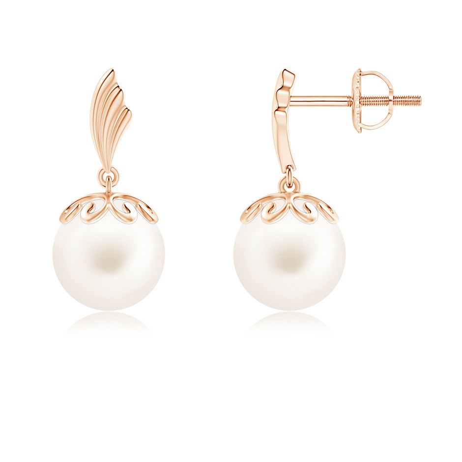8mm AA Freshwater Pearl Dangle Earrings with Wing Motif in Rose Gold 